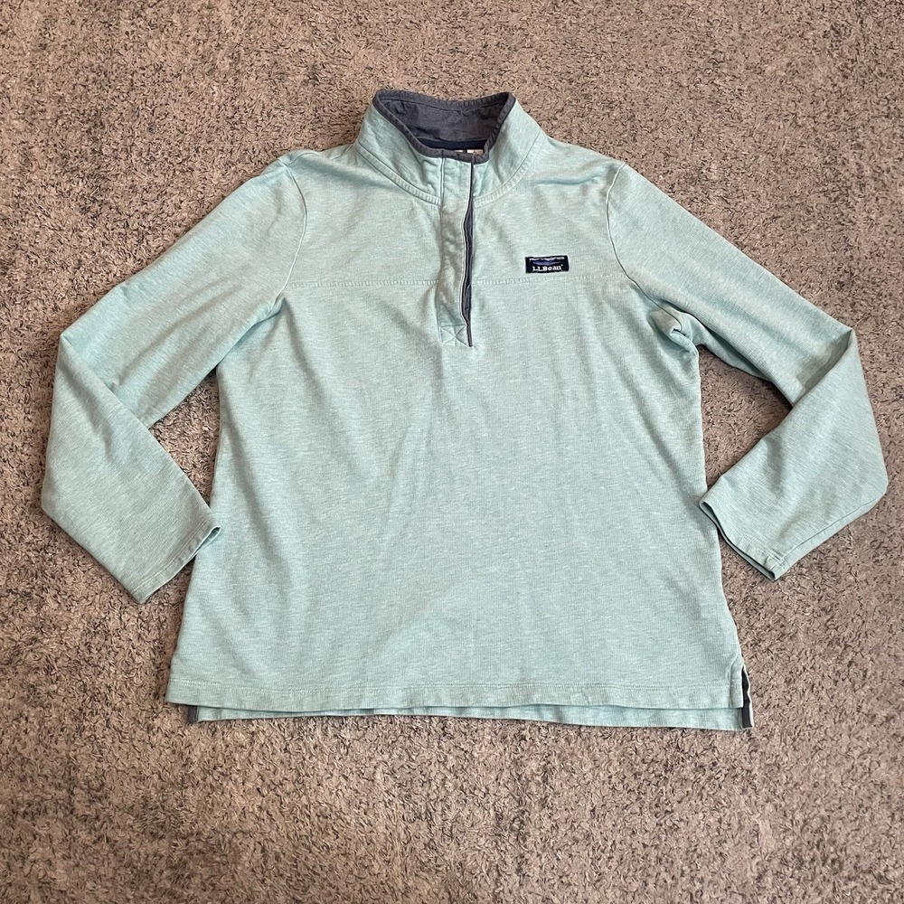 L.L. Bean Sweatshirt Womens MED Teal Lightweight 1/4 button Mock Neck Pullover